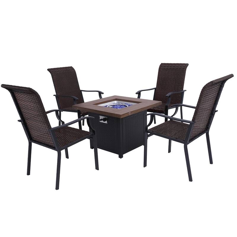 PHI VILLA 5Piece Gas Fire Pit Table Patio Dining Set 28" Gas Fire Pit Table & Rattan Highback